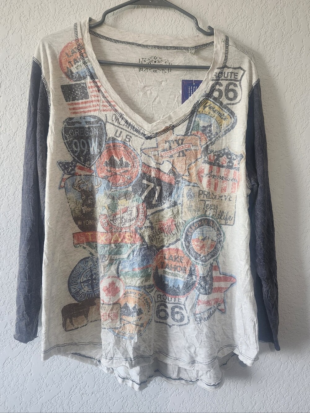 Panhandle Size XXL V-neck Lightweight Cream/Gray Graphic 3/4 Sleeve Tee